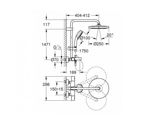Душевая система с термостатом для ванны, настенный монтаж, GROHE Tempesta Cosmopolitan System 250, хром, (26672001)