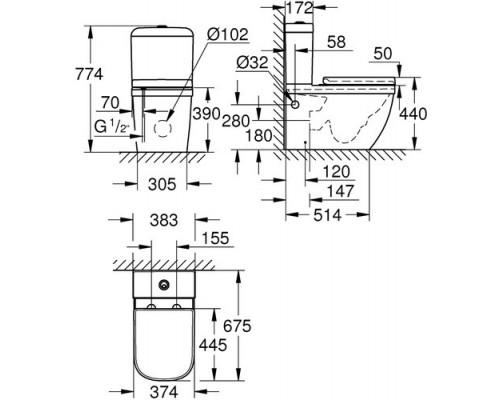 Унитаз напольный, готовый комплект, GROHE Euro Ceramic, альпин-белый