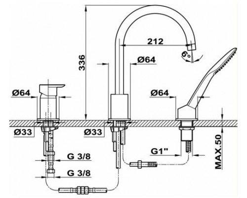 621520200 Teka Смеситель FOR на ванну 3 отверстия