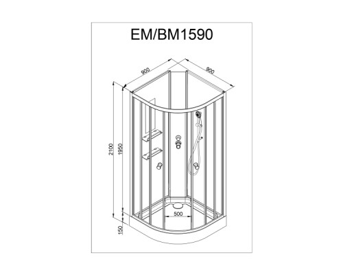 Душевая кабина AvaCan EM1590NLED+GM AVA 90x90 б/к, с LED и гидромассажем, стекла с узором, профиль хром