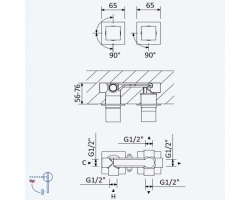 Смеситель скрытого монтажа на 2 отверстия, с 3 выходами Escudo 102 140 2MM Morning Mist