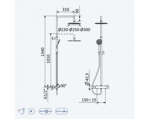 Душевая система с верхней лейкой из нержавеющей стали UltraThin (Ультра тонкая) Ø250 мм Lusitano 107 282 1ST Satinox