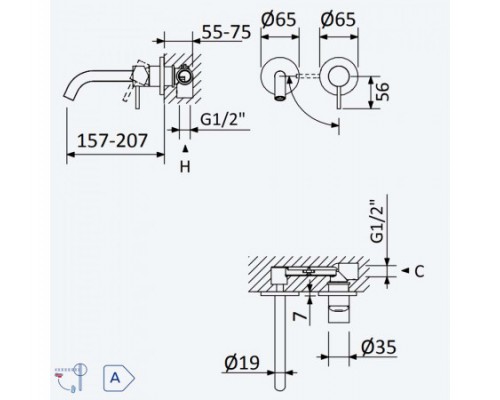 Смеситель для раковины скрытого монтажа Leaf 167 012 1MG Gunmetal (излив 200 мм)