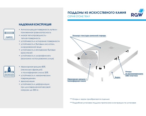 Душевой поддон полукруглый RGW ST/R-W белый искусственный камень cерия Stone Tray (90*90*2,5) 16153099-01
