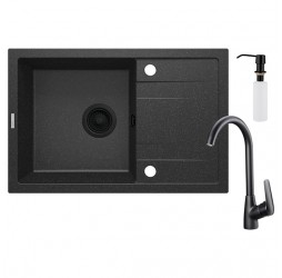 Deante Corio графит - мойка 1 чаша с крылом, 670*440*175 мм с сифоном, смесителем и дозатором