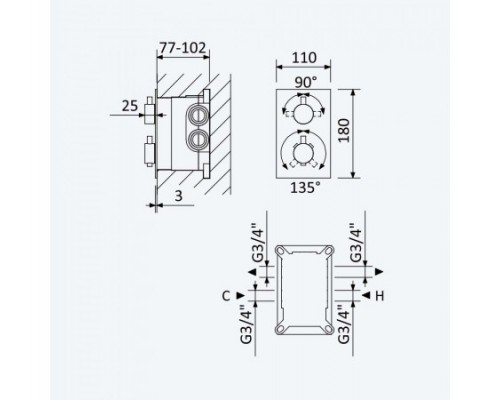Смеситель термостатический, скрытого монтажа, и 2 выходом Elo 138 170 1CR Chrome