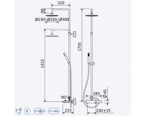 Душевая система с наливом на ванну и верхней лейкой из латуни Ø300 мм Leaf 167 283 1NS Night Sky