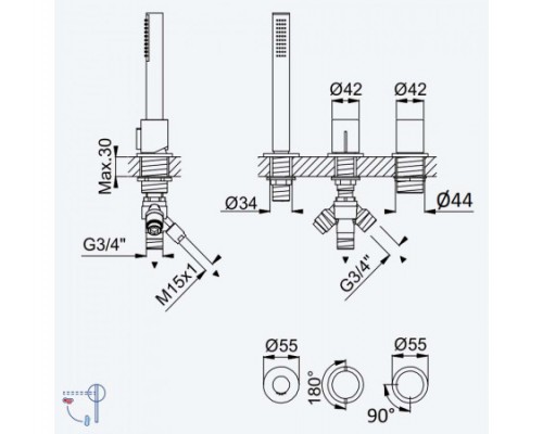 Смеситель на борт ванны, с ручным душем Elo - 2 выхода Avalon 189 500 1NS Night Sky