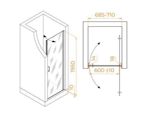 Распашная душевая дверь RGW LE-003-B 70*195 прозрачное стекло 6 мм 351200307-14