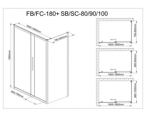 Душевой уголок Avacan FB 160-180 + SB 80 MT AVA 160-180x80 стекла матовые с рисунком, профиль черный