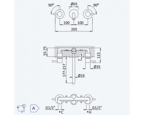 Внешняя часть смесителя для раковины на 3 отверстия. Длина излива 170мм Lusitano Sunrise