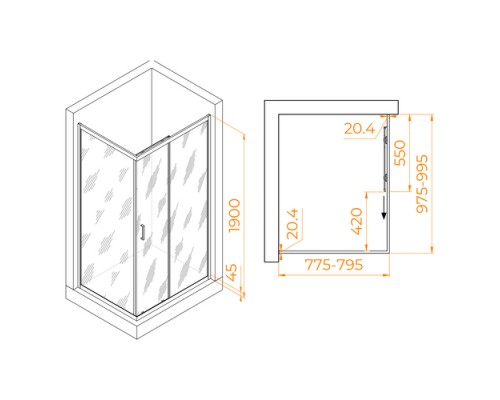 Душевой уголок, прямоугольный RGW PA-245-B прозрачное стекло 6 мм цвет проф. чёрный 80*100*190 410824580-14