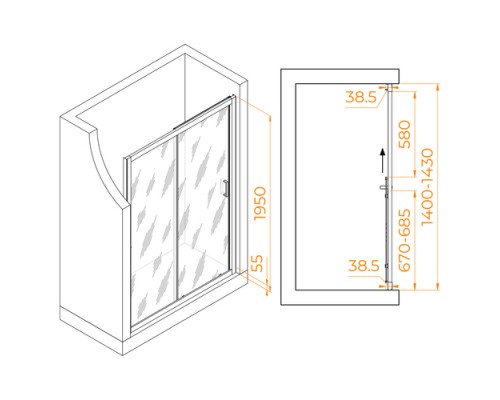 Раздвижная душевая дверь RGW PA-016 140*195 сатина стекло 6 мм 350801614-21