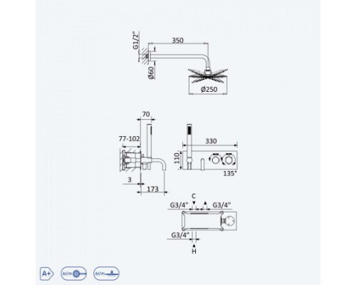 Душевая система термостатическая, скрытого монтажа, с стальной душевой лейкой Ø250 мм, и наливом на ванну - Elo 138 310 2NS Night sky