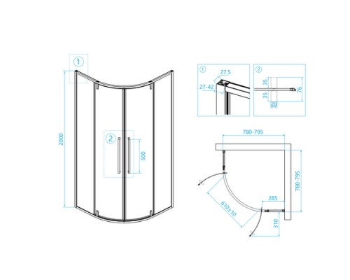 Душевой уголок RGW 80*80*200 SV-53 B, полукруг, черный, прозрачное стекло 6 мм 06325388-14
