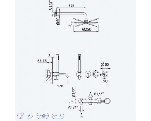 Душевой набор, скрытого монтажа, душевой лейкой Ø250мм и наливом на ванну X-Alpha 186 321 1IS Satin stainless steel