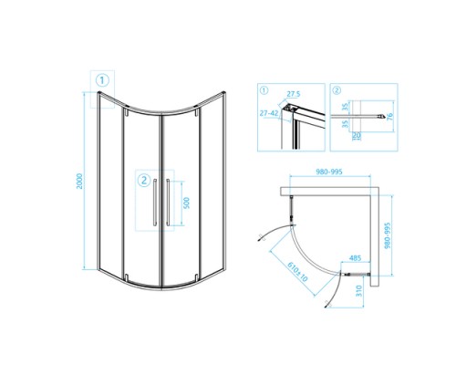 Душевой уголок RGW 100*100*200 SV-53 B, полукруг, черный, прозрачное стекло 6 мм 06325300-14