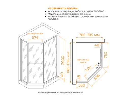 Душевой уголок RGW SV-82Gr "R" 80x120 33328282-2410R стекло черная вуаль, профиль хром