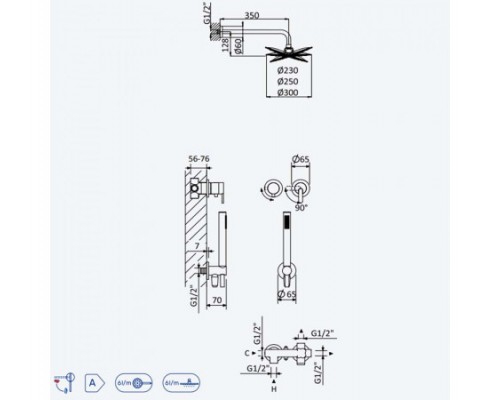 Душевой набор, скрытого монтажа, горизонтальный, с латунной душевой лейкой Ø300 мм, и ручным душем Elo Leaf 167 360 8SR Sunrise