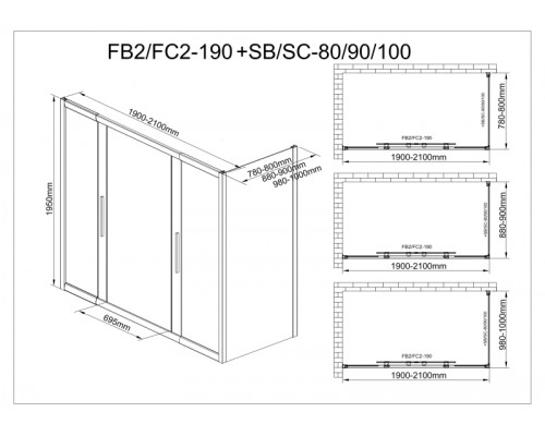 Душевой уголок Avacan FB2 190-210 + SB90 MT AVA 190-210x90 стекла матовые с рисунком, профиль черный