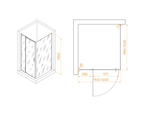 Душевой уголок RGW PA-078 (RGW PA-008 + Z-050-2) 900x1000