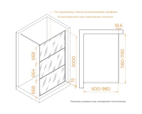 Душевая перегородка RGW 120x200 WA-09B стекло прозрачное 8мм, профиль матовый черный