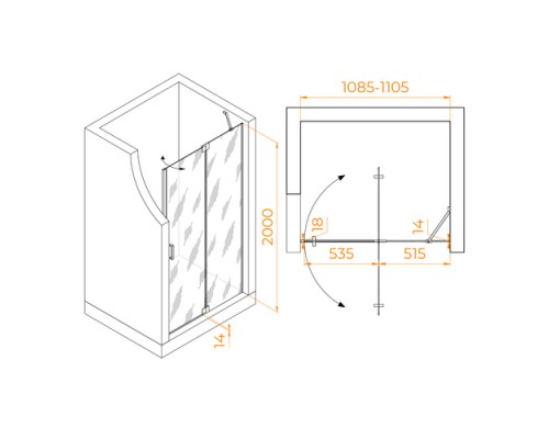 Распашная душевая дверь RGW HO-014-Gg 110*200 прозрачное стекло 8 мм 350601411-110