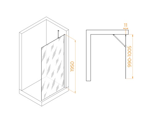 Душевая перегородка RGW WA-102Gb неподвижное Walk In cтекло прозрачное 6 мм  100*195  351010210-16