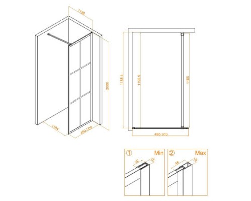 Душевая перегородка RGW WA-111 B неподвижное Walk In cтекло прозрачное(Принт) 8 мм чёрный  411011105-84