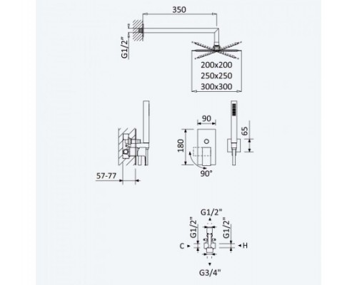 Душевой система скрытого монтажа, с душевой лейкой из нержавеющей стали UltraThin (Ультра тонкая) 250x250 мм Linea 182 760 8NS Night Sky