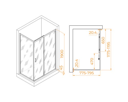 Душевой уголок, прямоугольный RGW PA-245 прозрачное стекло 6 мм цвет проф. хром 80*120*190 410824582-11