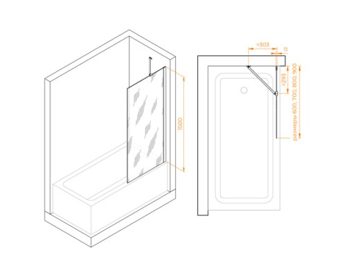 Стационарная шторка на ванну RGW SC-150-B 80*150 прозрачное стекло 6 мм 351115008-14