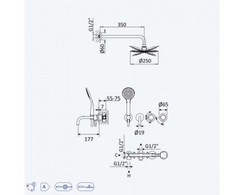 Душевой набор, скрытого монтажа, душевой лейкой Ø250 мм и наливом на ванну Lusitano 107 312 1ST Satinox