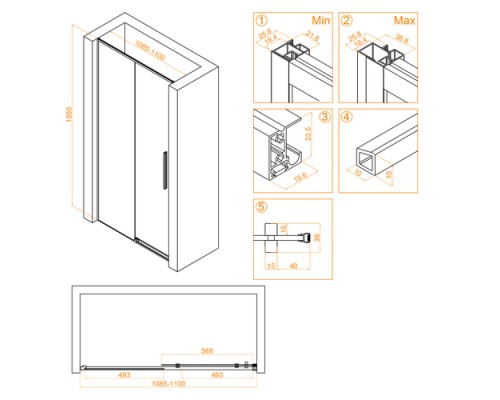 Раздвижная душевая дверь RGW SV-12-B 110*195 прозрачное стекло 6 мм 32321211-14