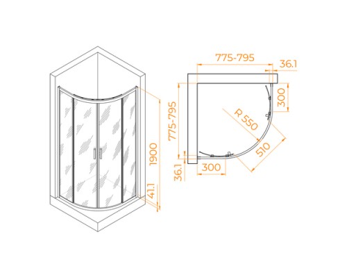 Душевой уголок, полукруг RGW PA-51 80х80 прозрачное cтекло 6 мм цвет профиля хром 02085188-11