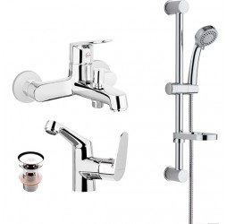 Deante Chaber Комплект смесителей (для ванны, для раковины с боковым рычагом, клапан Click-Clack и душевой гарнитур), хром