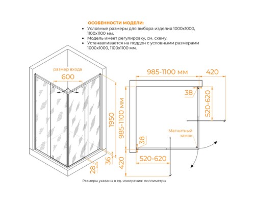 Душевой уголок RGW 100-110x100-110x195 PA-38 Квадрат/Хром/Прозрачное/6 мм 06083800-11