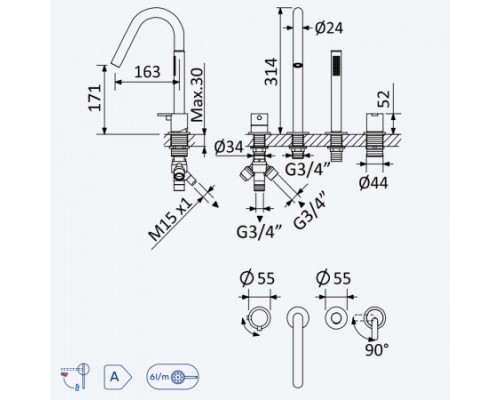 Смеситель на борт ванны Leaf 167 990 1SR Sunrise