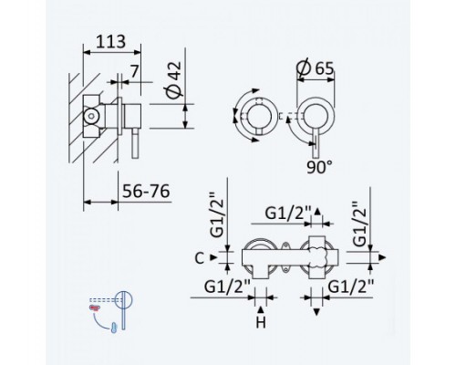Смеситель скрытого монтажа, на 3 потока Lusitano 107 142 1CR Chrome