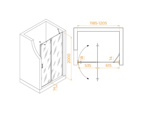 Распашная душевая дверь RGW HO-014-Gg 120*200 прозрачное стекло 8 мм 350601412-110