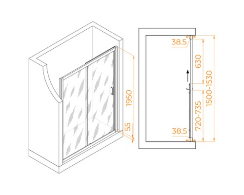 Раздвижная душевая дверь RGW PA-016 B 150*195 прозрачное стекло 6 мм 350801615-14