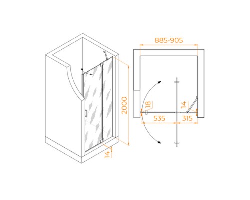 Распашная душевая дверь RGW HO-014 90*200 матовое стекло 8 мм 350601409-21