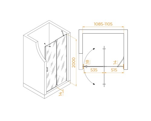 Распашная душевая дверь RGW HO-014 110*200 матовое стекло 8 мм 350601411-21
