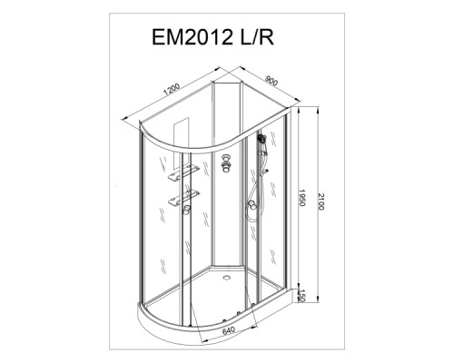 Душевая кабина AvaCan EM2012RNLED AVA 120x90 б/к с LED, правая, стекла с узором, профиль хром
