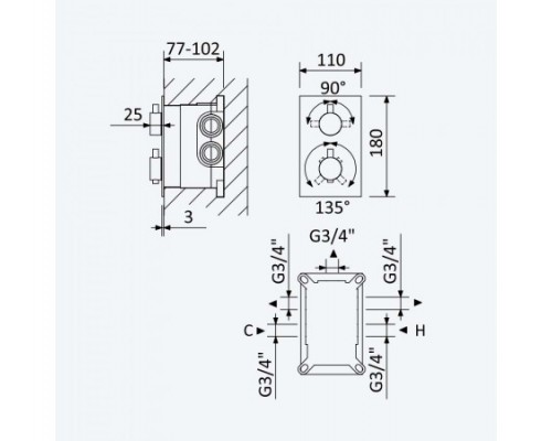 Смеситель термостатический, скрытого монтажа, и 3 выходом Elo 138 140 1CR Chrome