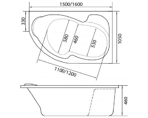 Ванна акриловая 1Марка "AURA" 160*105 R угольная без каркаса и панели