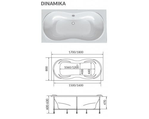 Ванна акриловая 1Марка "DINAMIKA" 170*80 прямоугольная без каркаса и панели