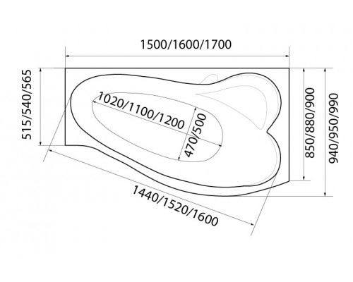 Ванна акриловая 1Марка "GRACIA" 160*95 L угловая без каркаса и панели