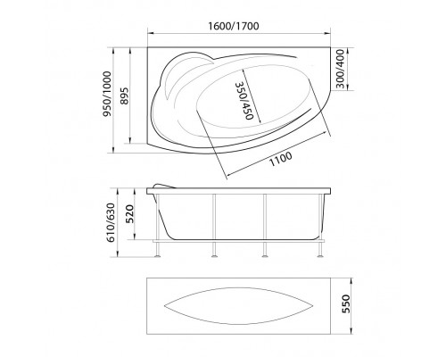Ванна акриловая 1Марка "JULIANNA" 160*95 R угловая без каркаса и панели