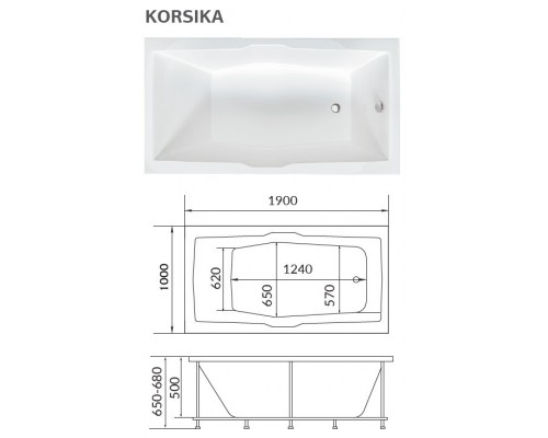 Ванна акриловая 1Марка "KORSIKA" 190*100 прямоугольная без каркаса и панели
